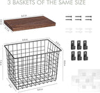 Wall Hanging Baskets 3 Pack, Diversified Wire Basket Shelves of Wooden Style, with Wall Mounted Hooks & Traceless Stickers, f