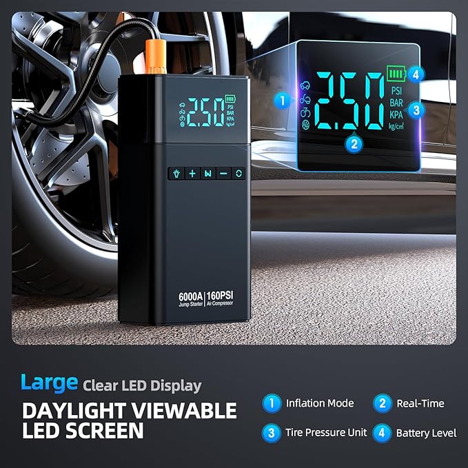 10-in-1 Portable Car Battery Jump Starter with Air Compressor, 6000A 160PSI Portable Car Jumper Starter (All Gas 12L