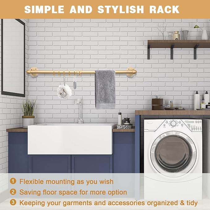 Gold Wall Mount Iaundry Drying Rack - 54" Pipe Garment Rack, Portable Heavy Duty Iron Closet Hanger Rod, Modern Metal Detacha