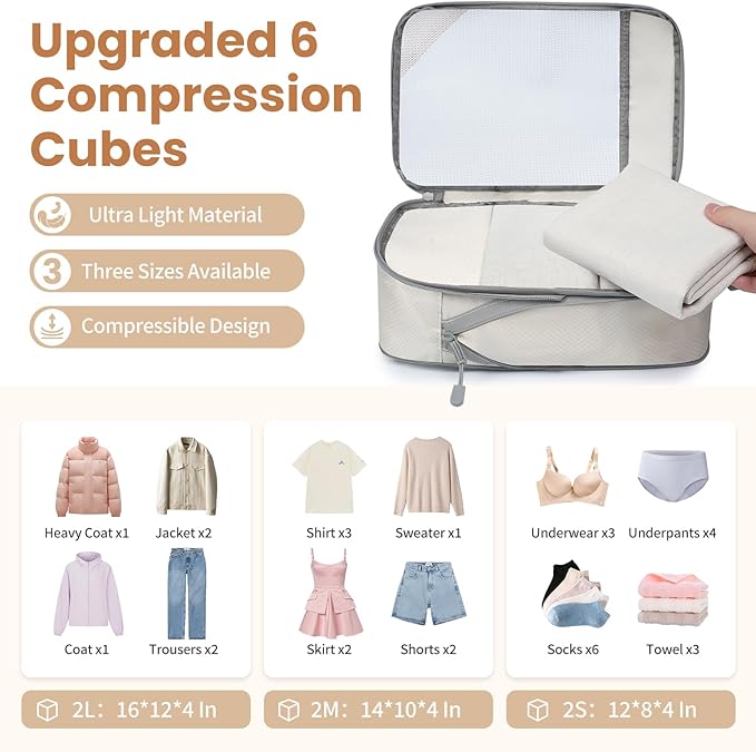 Compression Packing Cubes for Travel, Lightweight Vacation Travel Essentials, Travel Accessories for Suitcase Organizer Bags 