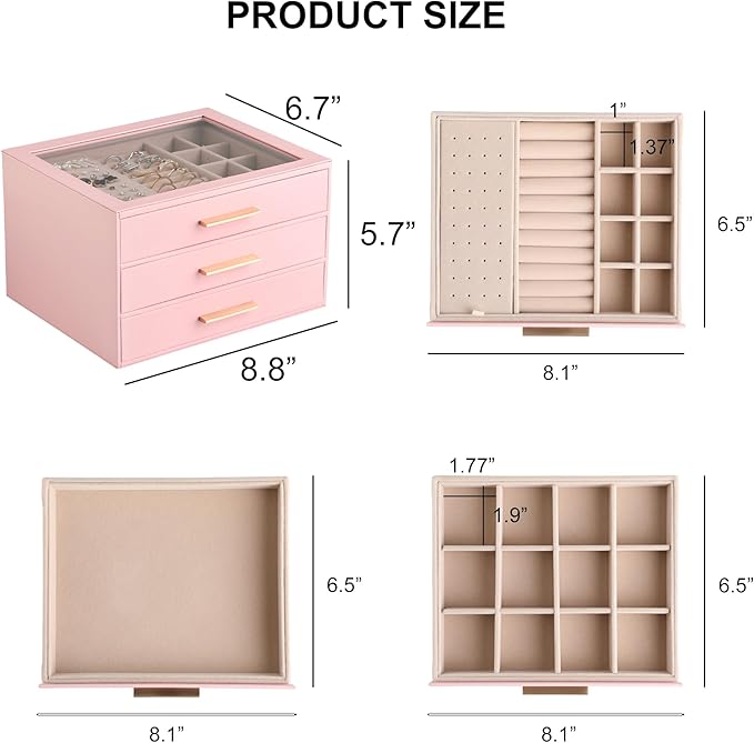 Frebeauty Clear Lid Jewelry Box,3-Layer Jewelry Organizer with Drawer,PU Leather Jewelry Organizers and Storage,Jewelry Boxes