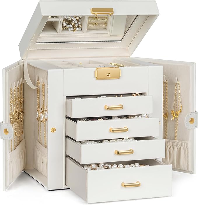 TORIBIO Jewelry Box for Women, Leather Jewelry Organizer with Mirror & Lock, 5-Tier Jewelry Storage Organizer with 4 Drawers 