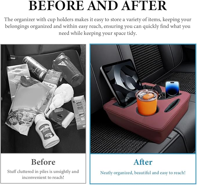 Car Back Seat Organizer, Leather Automotive Rear Seat Couch Cup Holder Expander Tray, Vehicle Cup Holder Tray Holds Snacks Remotes Phones for Truck RV Boat Couch Pillow Bed (Wine Red)