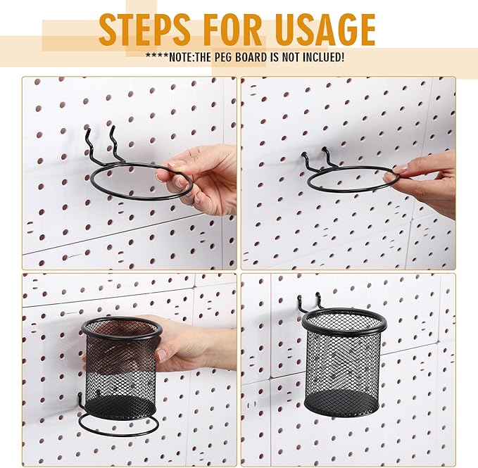 Spakon 6 Sets Pegboard Cups with Ring Hook, Peg Board Baskets Bin Holder Organizer Accessories Pegboard Pencil Cup Multipurpo