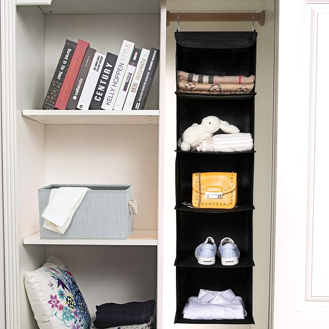 BrilliantJo 2 Pack Hanging Closet Organizer, 5 Shelves Hanging Storage with 6 Side Pockets for Clothes Shoes, 43"x12"x12"(Bla