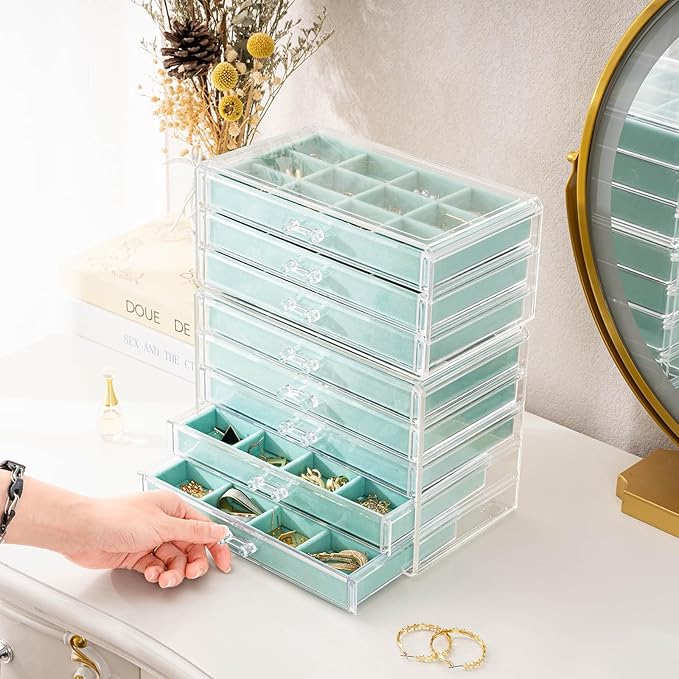 ProCase Earring Holder Organizer Jewelry Box with 8 Drawers, Acrylic Clear Earring Case with Adjustable Velvet Trays for Wome
