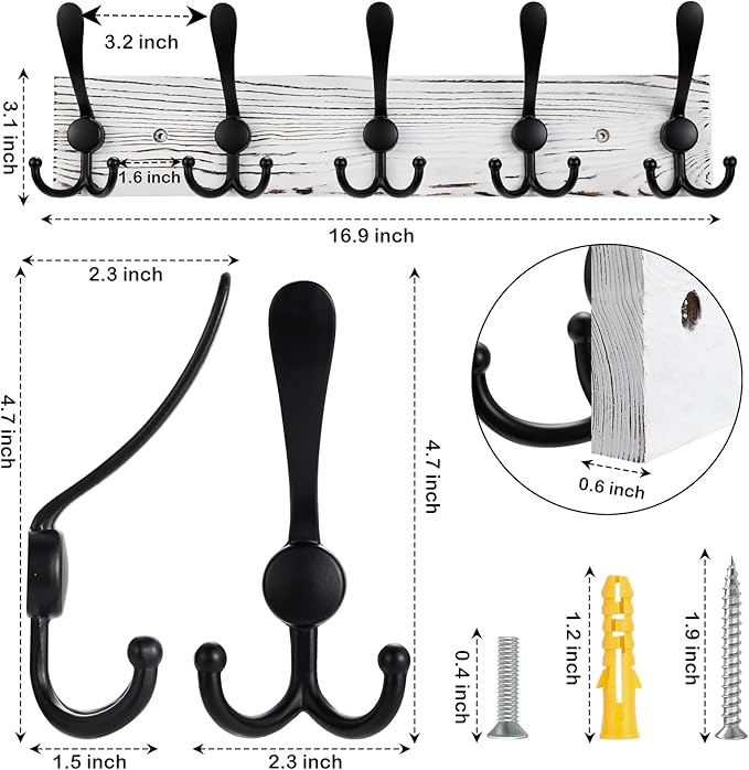 Kuhome 2pcs Coat Rack Wall Mount Wooden Hat Rack for Wall Hooks Pine Real Wood Plank 16.9" Old White Coat Hanger with 5 Black