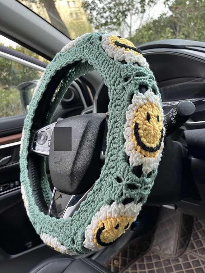 Handmade Crochet Sun Smiling face Car Steering Wheel Covers Universal 14-15 inch,Cute Steering Wheel Cover,Car Accessories (Sun Steering Wheel Cover)