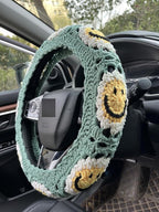 Handmade Crochet Sun Smiling face Car Steering Wheel Covers Universal 14-15 inch,Cute Steering Wheel Cover,Car Accessories (Sun Steering Wheel Cover)