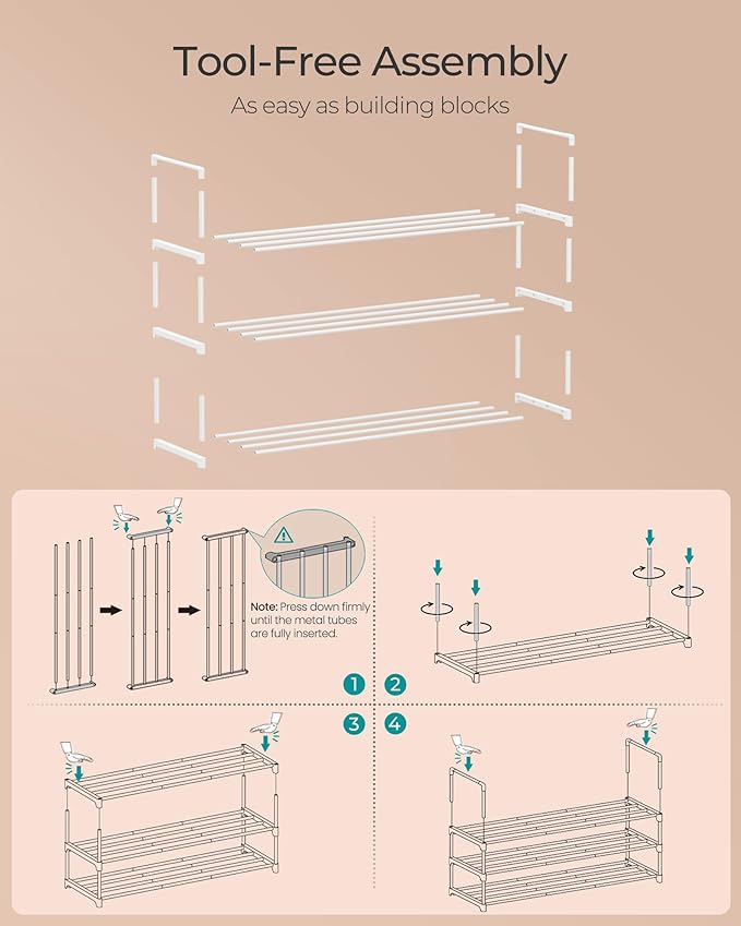 SONGMICS Shoe Rack, 3-Tier Shoe Organizer, Metal Storage Shelf, Upright or Upside Down, for 16-20 Pairs, Stackable, for Entry