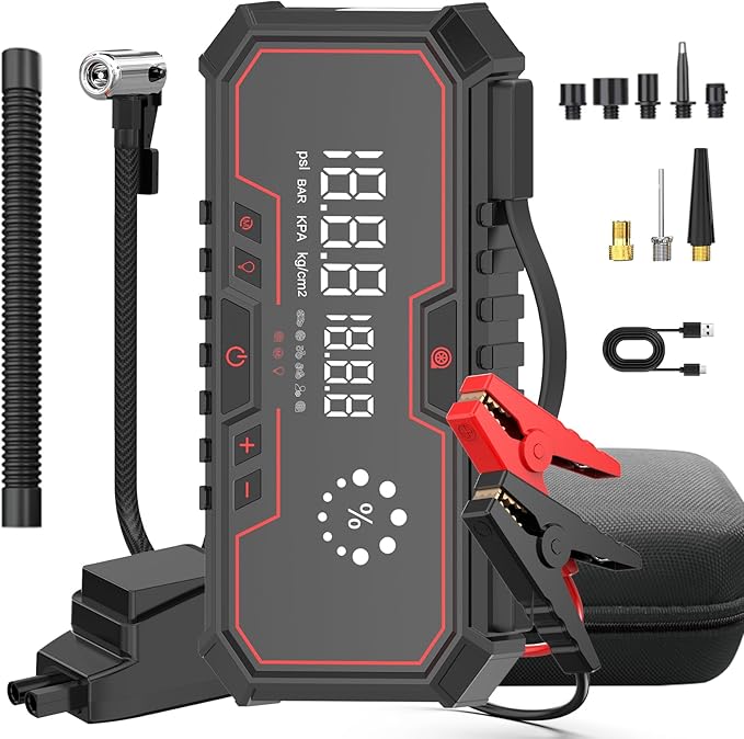 Jump Starter with air Compressor, 5000A Emergency Starter Jump Box (Gas 9L/Diesel 8L), Jumper Cable Jump Starter Portable with air Compressor 160PSI, car Roadside Emergency kit, SOS Light