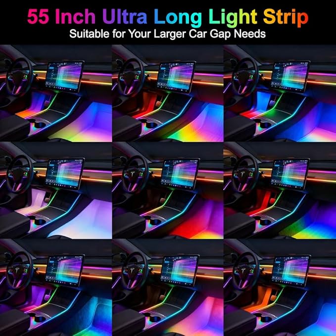 Acrylic Interior Car Ambient Lighting, Interior RGB LED Strip Kit with Music Sync Mode, 55 Inch Length Suitable for Pickup, Trucks, SUV and Large Vehicles (10 in 1)