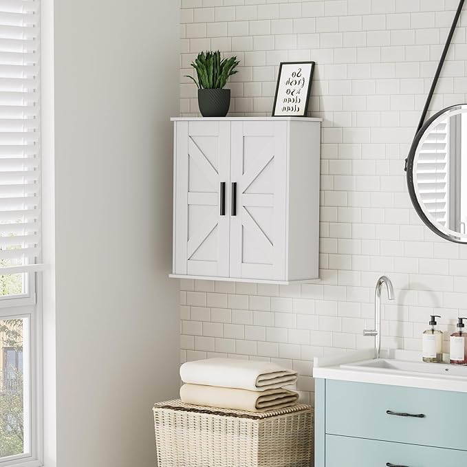 Homleke Bathroom Wall Cabinet, Over Toilet Storage Cabinet with Barn Doors and Adjustable Shelves, 3-Tier Medicine Cabinet Wa