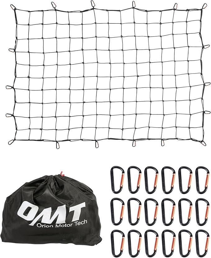Orion Motor Tech 5'x7' Heavy Duty Cargo Net Stretches to 10'x14' for Pickups SUVs Vans Semis, Bungee Cord Net for Truck Bed Roof Rack Trailer More with Handmade Knotting 18 Carabiners Storage Bag