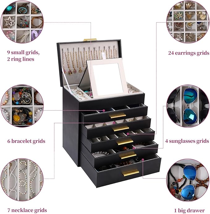 BOOVO Jewelry Boxes for Women, White and Black 6 Layer Large Jewelry Box for Necklace, Bracelet, Earrings, Rings Storage, Jew