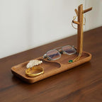 Solid Acacia Wood Key Tray and Bowl for Entryway Table - Jewelry Tray With 3 Hooks, Open Storage for Wallet, Glasses, Watches