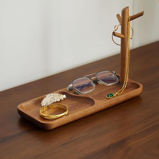 Solid Acacia Wood Key Tray and Bowl for Entryway Table - Jewelry Tray With 3 Hooks, Open Storage for Wallet, Glasses, Watches