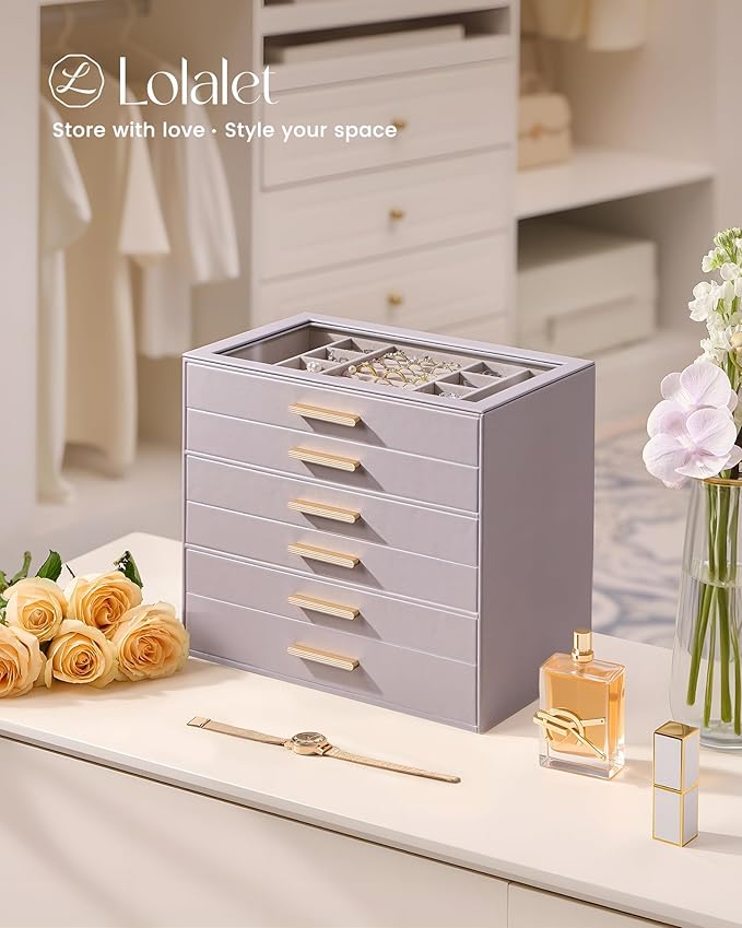 Lolalet Jewelry Box Organizer, 6-Layer Jewelry Organizers and Storage Case with Glass Lid, Ring Earring Bracelet Necklace Hol