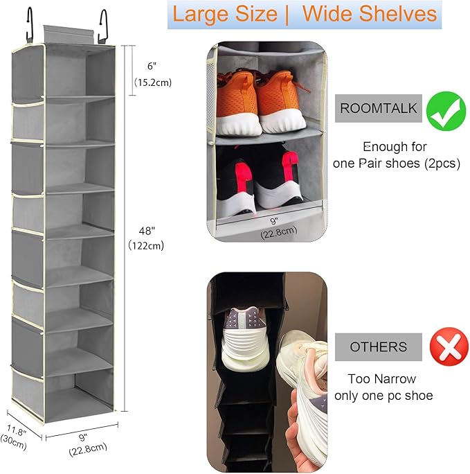 2 Pack Large-Sized Hanging Shoe Organizer 8-Shelf, Hanging Closet Organizer with 8 Side Pockets, Wider Hanging Shelves for St