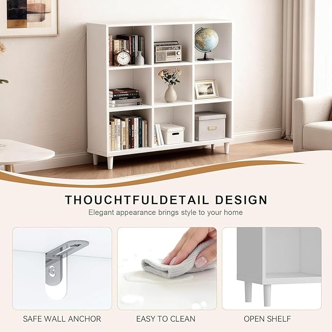 9 Cube Storage Organizer | White Bookshelf|3 Shelf Bookcase |Long Bookshelf| -Cubic Storage Cabinet（Storing Books,Toys & More