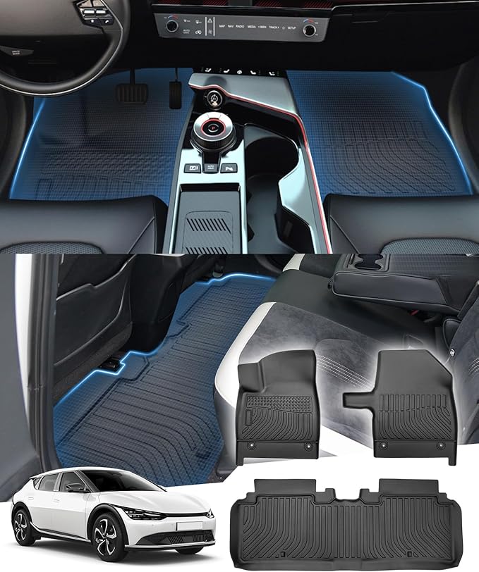 Sunsdrew Floor Mats for 2022-2024 Kia EV6 Accessories, All Weather Floor Liners Front Rear 2 Rows Car Mats TPE Rubber Raised Edge