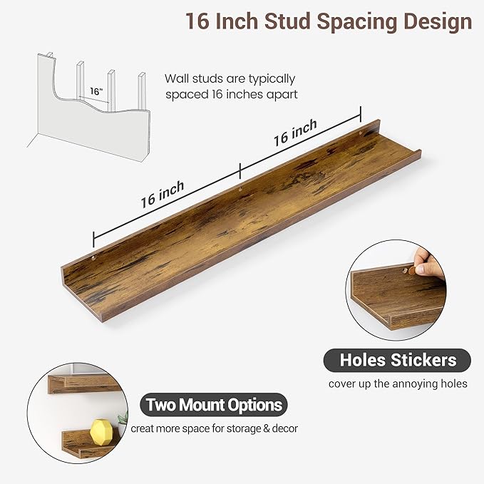 Axeman 36 Inch Floating Shelves | Brown Picture Ledge Shelf Set of 3 | Rustic Brown Wood Wall Shelves with Lip | 36" Picture 
