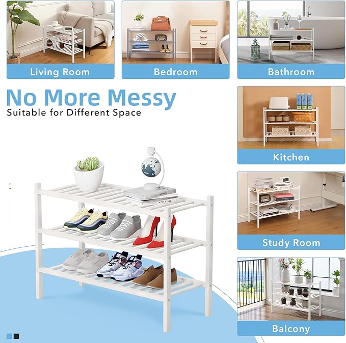 3 Tier Bamboo Shoe Rack Storage Organizer for Closet, Multifunctional Stackable Free Standing Shoe Shelf Organizer for Small 