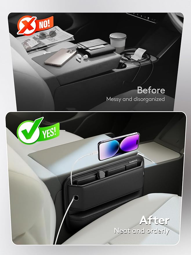 Car Seat Gap Filler with Sun Visor Organizer, Leather Seat Gap Organizer for Phone, Cards, Keys and Sunglasses, Front Seat Storage for Most Cars, SUVs and Trucks