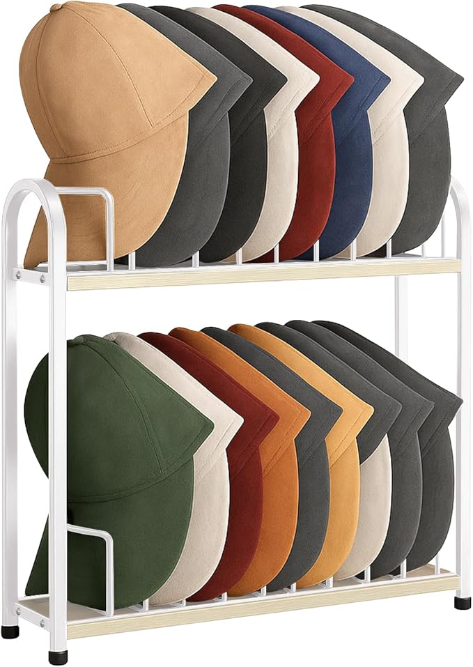 SWTYMIKI Hat Stand for Baseball Caps - 2 Tier Wood & Metal Tabletop Hat Organizer Storage Display Rack, Holds up to 20 Caps f