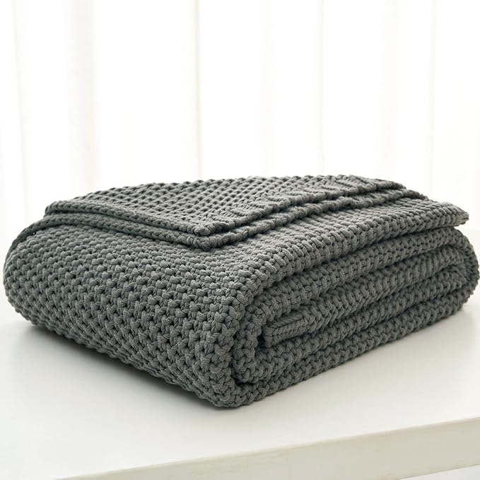 Chunky Cable Knit Throw Blanket Lightweight Grey 100% Organic Cotton Blanket for Sofa Couch Bed Baby Nursery, Rustic Shabby C