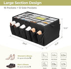 Shoe Organizer for Closet, Shoe Storage Solution with Clear Cover & Adjustable Dividers, Fabric Shoe Box Fits 16 +12 Pairs Sh