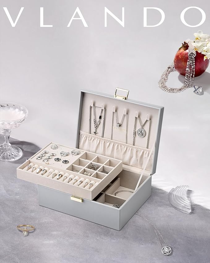 Vlando 2 Layer Jewelry Box Large Jewelry Organizer for Women Removable Jewelery Tray for Necklace Earrings Rings Bracelets Je