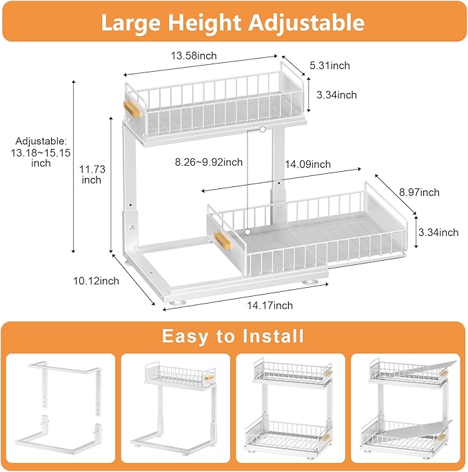 Under Sink Organizer, High Adjustable 2 Tier Under Kitchen Sink Organizer, Multi-Purpose Storage Shelf for Kitchen Bathroom C