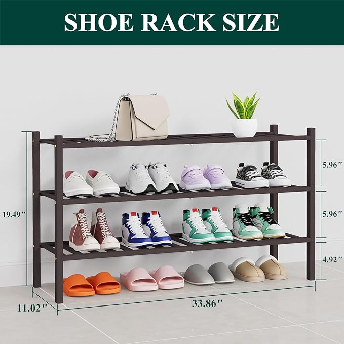 Smiry Shoe Rack, 3 Tier Thick Long Bamboo Shoe Organizer, Stackable Free Standing Wooden Shoe Storage Shelf for Closet, Entry