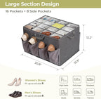 Shoe Organizer for Closet, Shoe Storage Solution with Clear Cover & Adjustable Dividers, Fabric Shoe Box Fits 16 +8 Pairs Sho