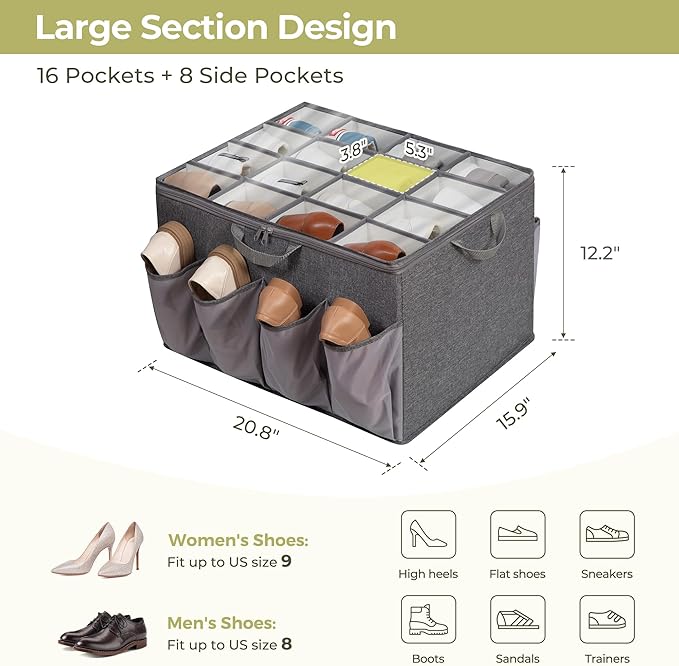Shoe Organizer for Closet, Shoe Storage Solution with Clear Cover & Adjustable Dividers, Fabric Shoe Box Fits 16 +8 Pairs Sho
