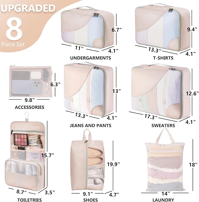 8 Set Packing Cubes for Travel, Gifts for Women Mom,Anti-Tearing Suitcase Organizer for Luggage with Shoe & Hanging Toiletry 