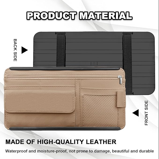 Car Sun Visor Storage Bag, Soft Leather Surface Organizer, Scratch-Resistant Auto Sunshade Organizer Bag, Can Store ID Card, Eyeglasses, Pen, Driving License etc (Beige)