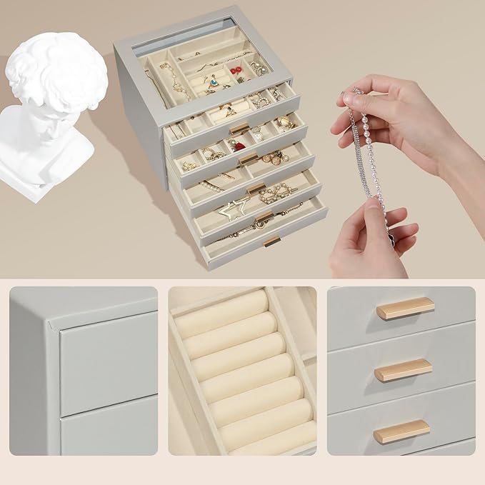Jewelry Box with Glass Lid, 5-Layer Jewelry Organizer for Women Girls, PU Leather Display Case with 20-Grid Earring Tray & Mo