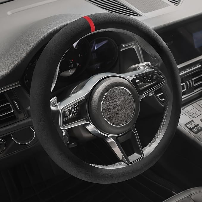 Suede Steering Wheel Cover with Upgraded Silicone Inner Ring, Breathable, Anti-Slip, Leather Universal 14.5 to 15 Inch Steeri