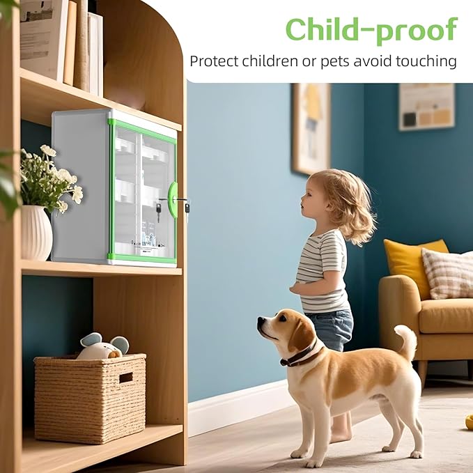 Glosen Medicine Cabinet with Key Wall Mounted Medication Lock Box 【 Green 15x 6.7 x 13 Inch】 Portable Storage Container Big C