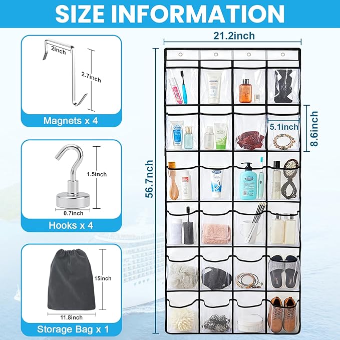 Cruise Essentials 2026 Over The Door Organizer For Cruise Ship 24 Pocket Magnetic Door Organizers with 4 Metal Hooks and 4 St