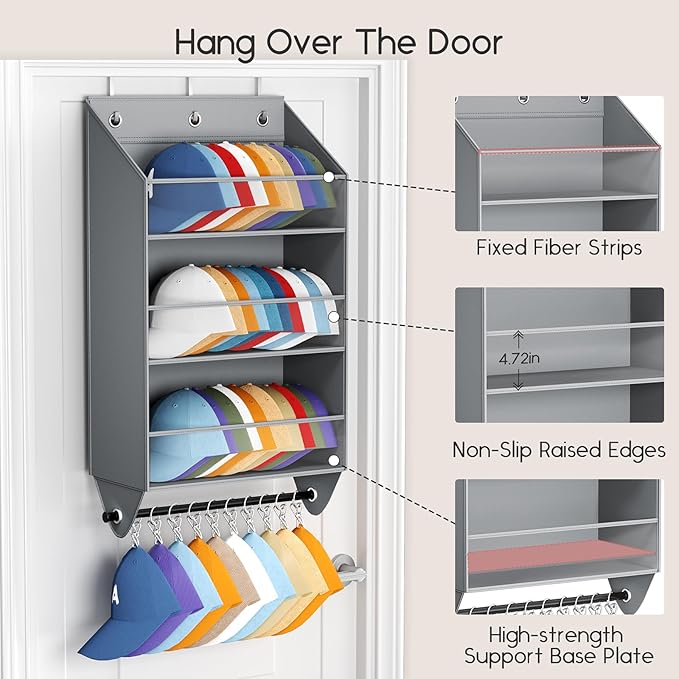 Homsorout Over the Door Hat Rack - 3-Layer Design Hat Organizer Holds 30-36 Hats with 10 Hooks, Ideal Hat Rack for Door, Over