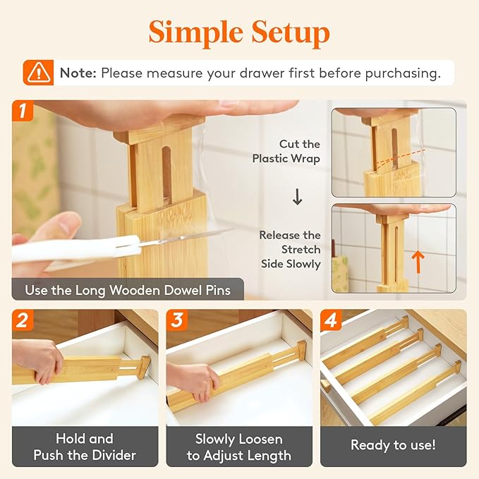 Lifewit 2.4" High 6 Pack Bamboo Drawer Dividers 33-42cm/13-16.5" Adjustable Wooden Drawer Organizer for Clothes/Utensils, Exp