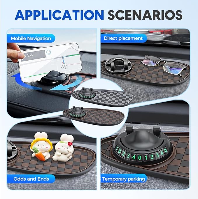 Multifunctional Car Anti Slip Pad, Multifunctional Rotatable Phone Holder Car DashboardMat with Temporary Parking Number, Aut