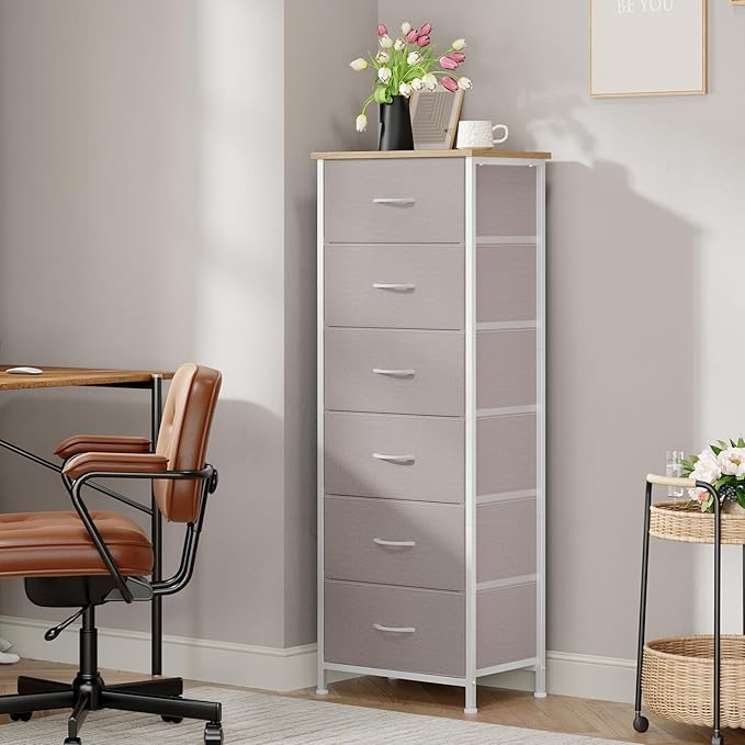 Somdot Tall Dresser for Bedroom with 6 Drawers, Storage Organizer Chest of Drawers with Removable Fabric Bins for Closet Beds