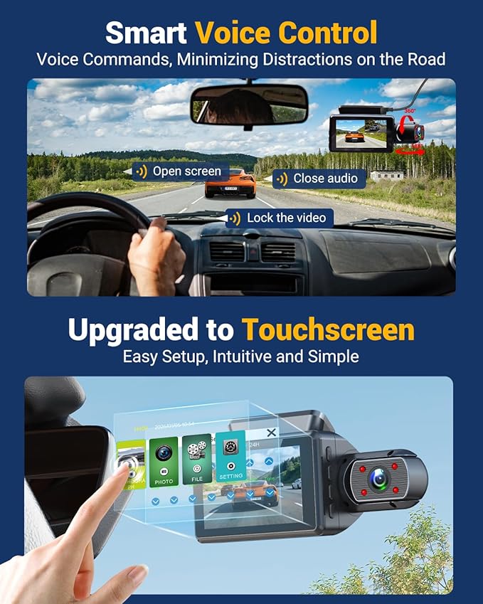 3 Channel Dash Cam with WiFi & GPS, Front and Rear/Inside, Voice Control 4K/2.5K+1080P+1080P Triple Dash Camera for Cars, 3" 