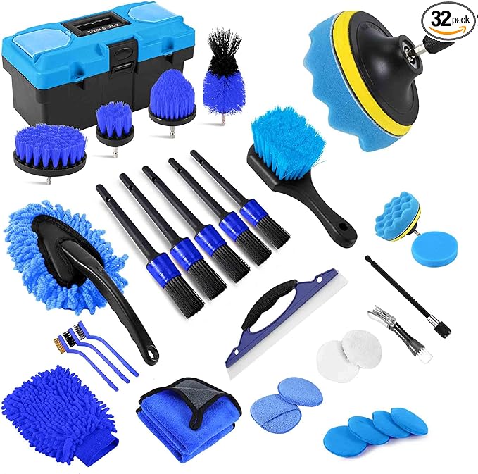 32Pcs Car Detailing Kit, Drill Brush Attachments with Detailing Brush Set and Tools Box, Blue Auto Cleaning Kit Interior for 