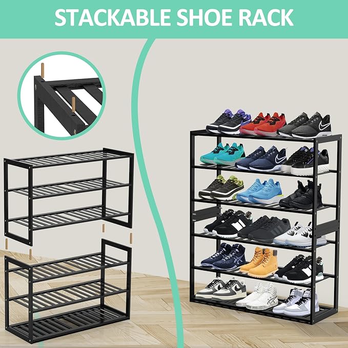 Jripae Bamboo Shoe Rack for Entryway, Stackable 3 Tier Shoe Organizer Shelf Storage 9-12 Pairs Shoes Stand Cubby for Closet D