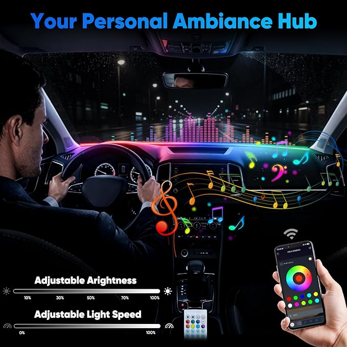 LED Strip Lights for Car Windshield 59in, RGB Ambient Lighting Car Interior with Noise Reduction, 16 Million Colors, Music Mode and Smart Control Car LED Lights Interior
